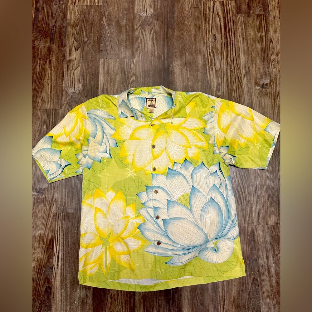 Tommy Bahama Men's Large Button-Up Shirt - Yellow Floral 100% Silk Pre-Owned
